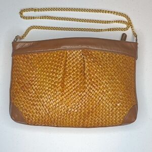 The Bay Brown Leather Tan Raffia Woven Shoulder Crossbody Bag with Gold Chain